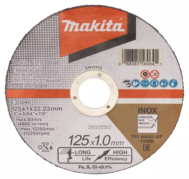 Makita Katkaisulaikka Ø125x1,0 RST, 12kpl/pkt (E-03040-12) - Tarkkaa ja nopeaa katkaisua INOXille! - Katkaisulaikat - 104320 - 1