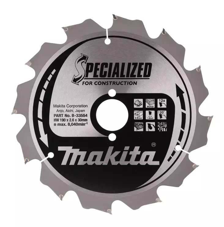 Makita PyÃ¶rÃ¶sahanterÃ¤ Ã˜190 x 30 x 2,6 mm, Z-12, naulainen ja betoninen puu (B-33554) - Pyörösahanterät puulle - 100341 - 1