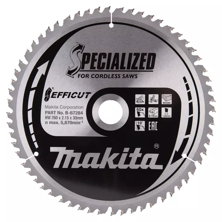 Makita Pyörösahanterä Ø260x30x2,15 mm, Z-60 Efficut (B-67284) - Pyörösahanterät puulle - 103814 - 1
