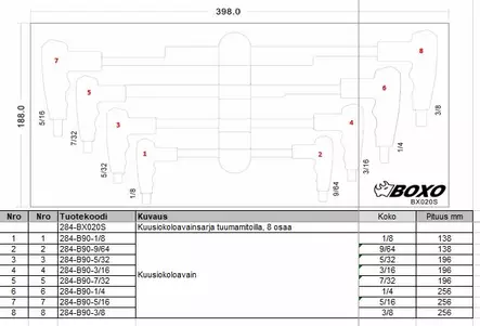 BOXO Kuusiokoloavainsarja tuumamitoitus (284-BX020S) - Moduulit työkaluvaunuille - 965 - 2